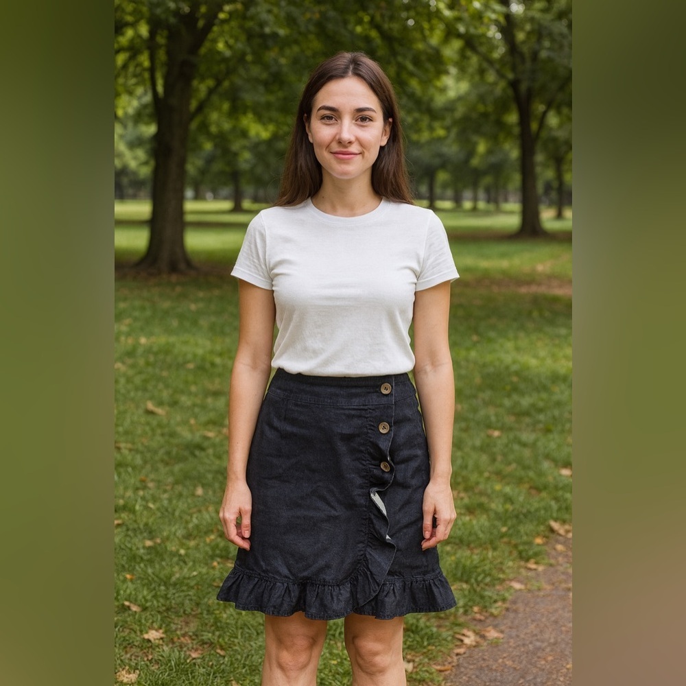 Leifsdottir (Anthropologie) ruffle stretch denim skirt in dark blue size 6 EUC